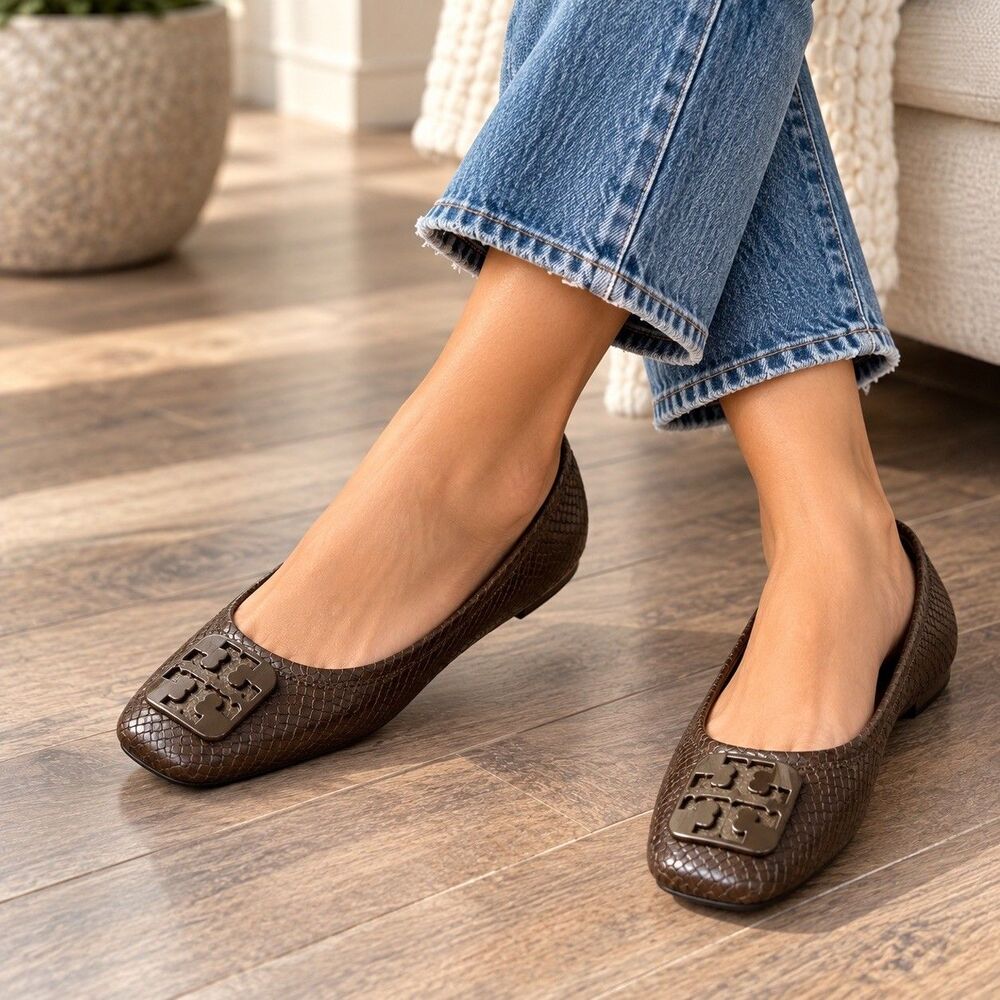 Tory Burch Georgia Ballet Flats Brown Leather Snakeskin Square Toe Shoes Sz 11 M